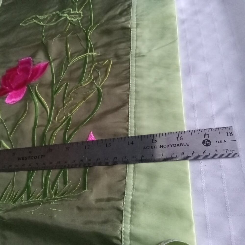 Silky table runner with an embroidered lotus flower pattern, circa 1990